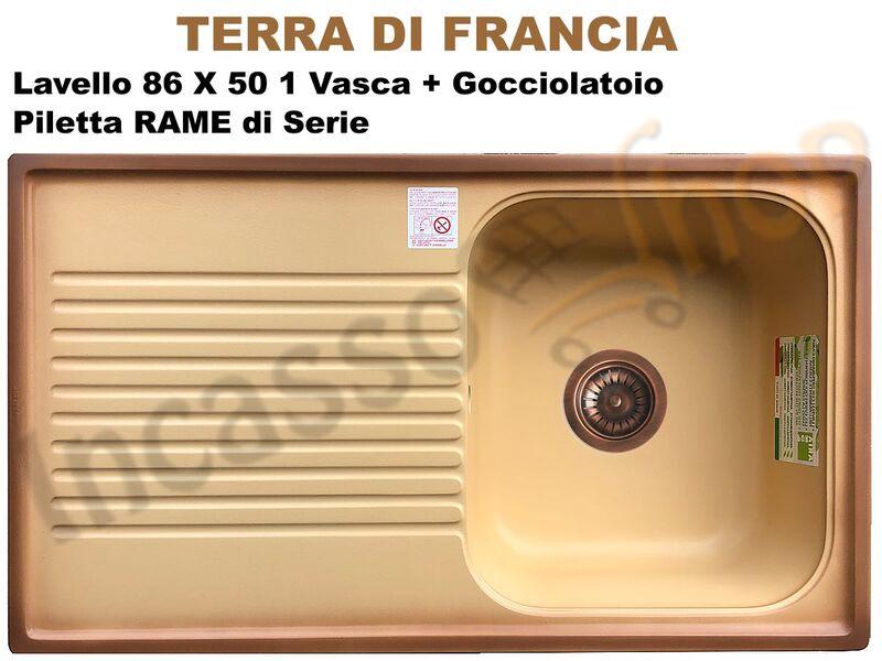 Lavello Plados Telma FT08610 02 86X50 1 V + Gocc.Terra di Francia + Piletta Rame