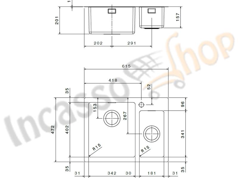 Lavello Incasso FHULLER Tekno Plus Acciaio Sp 10/10 Flat Filo Top 61,5X47,2 1 Vasca H 21,5 ½