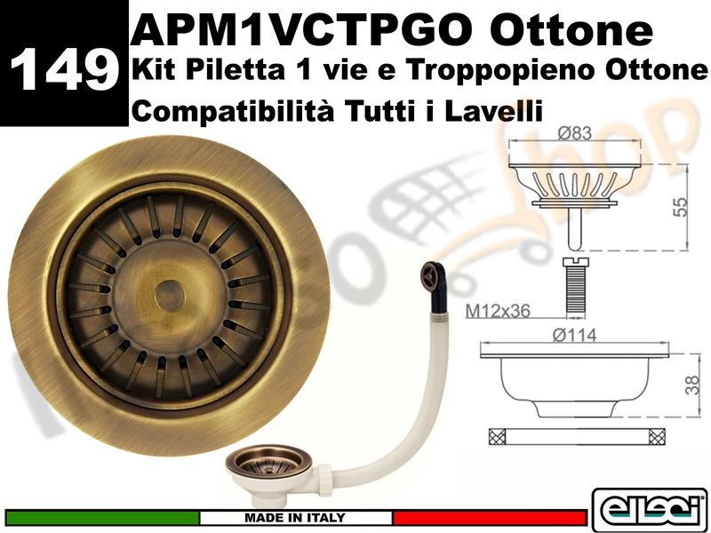 Accessorio 149 APM1VCTPGO Piletta e Troppopieno 1 Via da Ø 3,5" Ottone Antico