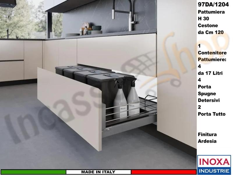 Set 2 Pattumiera Incasso Inoxa 97DA/1204 H30 Raccolta Differenziata Rifiuti X Base 120