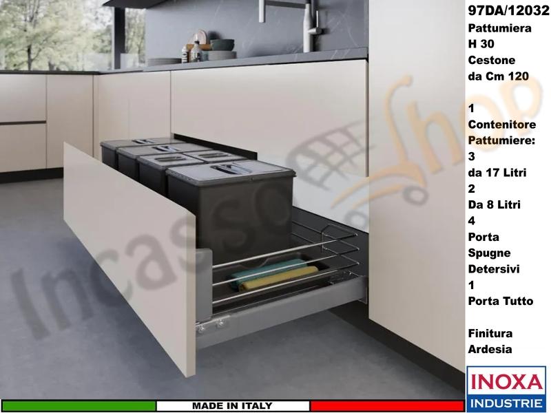 Set 2 Pattumiera Incasso Inoxa 97DA/12032 H30 Raccolta Differenziata Rifiuti XBase 120