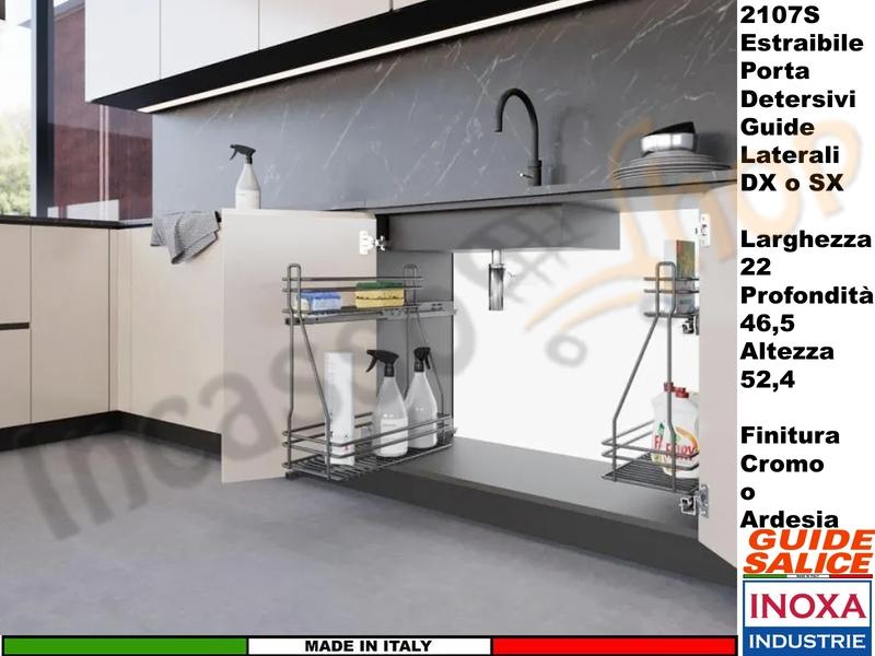 Carello Estraibile Portadetersivi QUADRO Guide SALICE Laterali SINISTRE Base 45