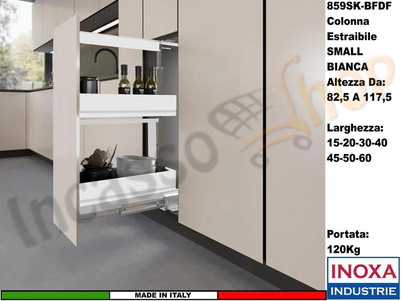 Colonna Dispensa Largh.20 859SK/20 H.da 82,5 a 117,5 Bianco e 2 Cesti Bianchi