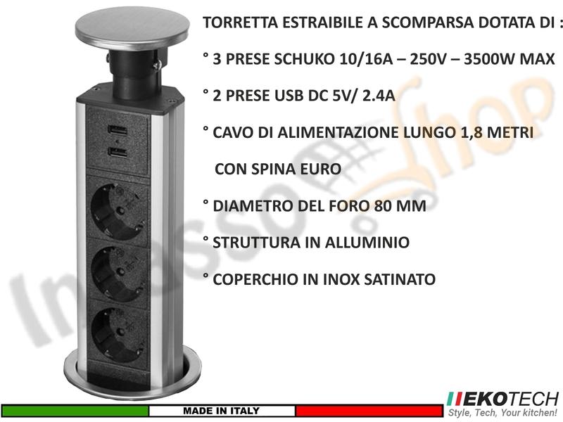 Torretta Multipresa Estraibile a Scomparsa Incasso con 3 Prese e 2 USB  Grigia