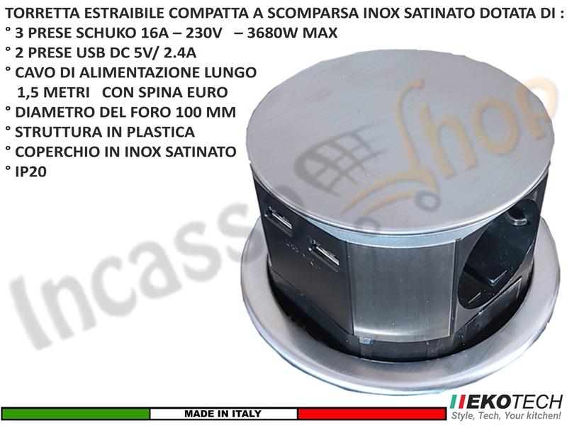 Torretta Multipresa Estraibile a Scomparsa con 3 Prese e 2 USB Compatta Grigia