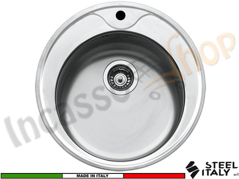 Lavello Cucina PI5103 1 Vasca Incasso Tondo Ø 51 Acciaio Inox Prelucido Piletta 3 pollici