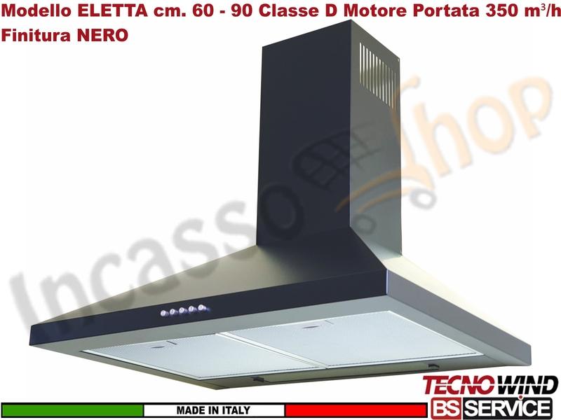 Cappa Parete Camino Moderna 90 Tecnowind ELETTA BLACK K217R0221 Motore 350 m³/h