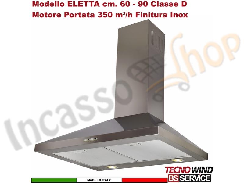 Cappa Parete Camino Moderna 90 Tecnowind ELETTA K217R0218 Inox Motore 350 m³/h