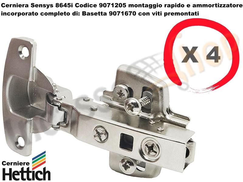 4 Cerniere Clip HETTICH Ammortizzata 110° Sensys 8645i 9071205 + Basette 9071670