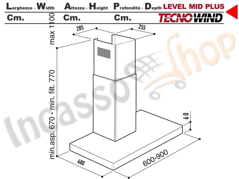 Cappa Parete a T 90 Tecnowind LEVEL MID PLUS BLACK K326I0049 Motore 623 m³/h