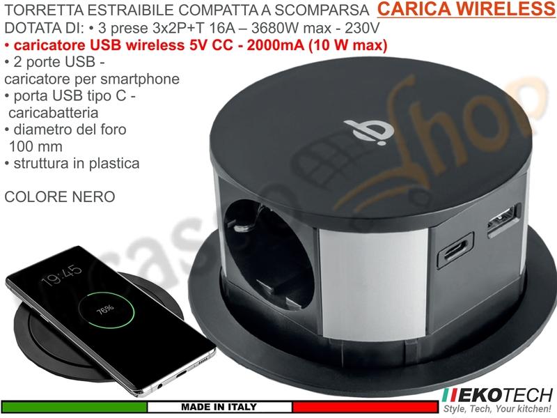 Torretta Multipresa Estraibile a Scomparsa 3 Prese 2 USB Ricarica Wireless Nera