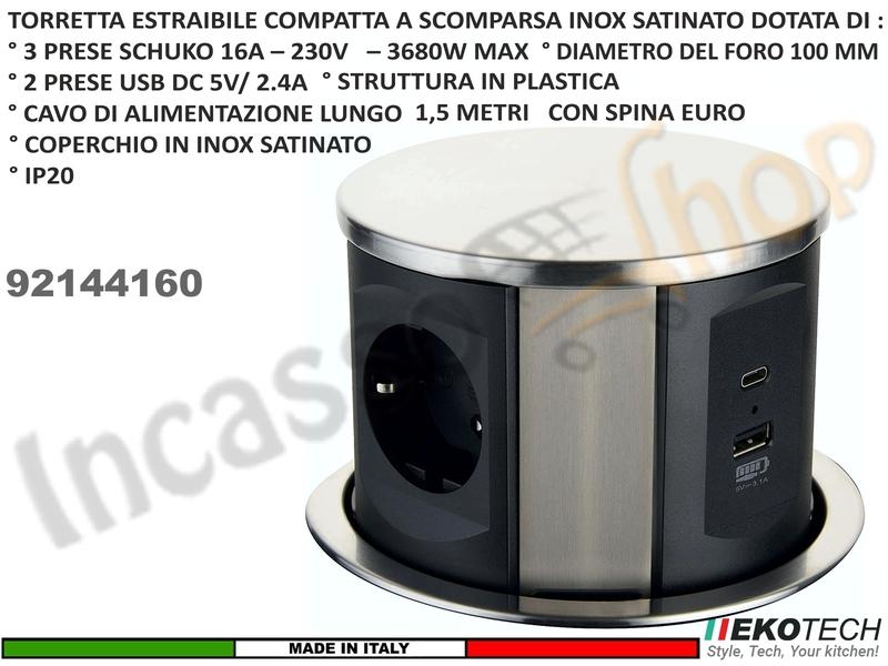 Torretta Multipresa Estraibile a Scomparsa con 3 Prese e 2 USB Compatta Grigia