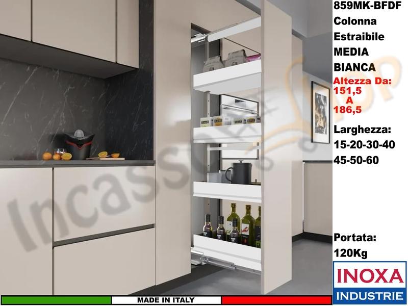 Colonna Dispensa Largh.30 859MK/30 H.da 151,5 a 186,5 Bianco e 4 Cesti Bianchi
