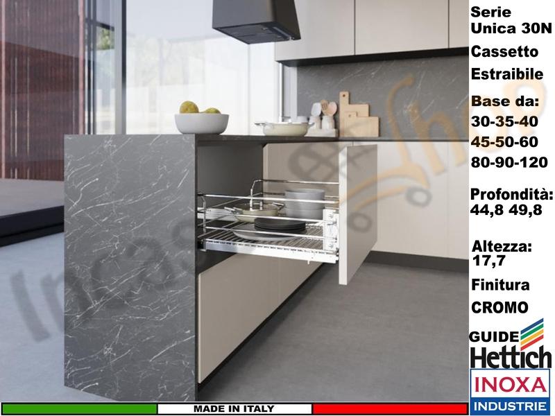 Cassetto Cestone Estraibile Cromo Serie UNICA Guide HETTICH da 30/120 Profond.45