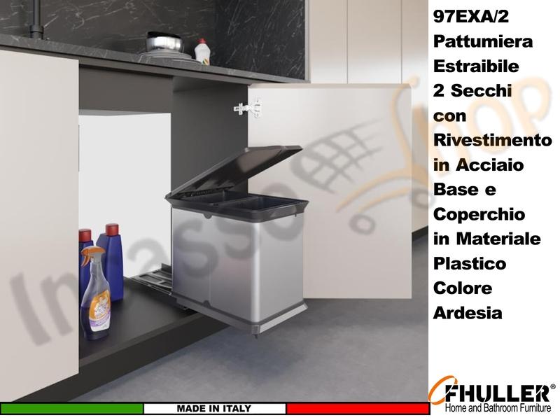 FHULLER Pattumiera Incasso Estraibile Acciaio e Plastica Ardesia 2 Secchi