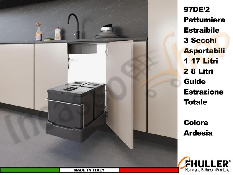 FHULLER Pattumiera Incasso Estraibile Plastica Ardesia 3 Secchi Coperchi Singoli