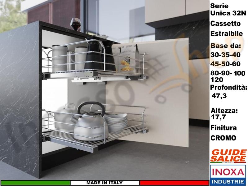 Cassetto 32N02/ Estrazione Manuale Cromo INOXA - FHULLER  Guide SALICE da 30/120 Pr.47