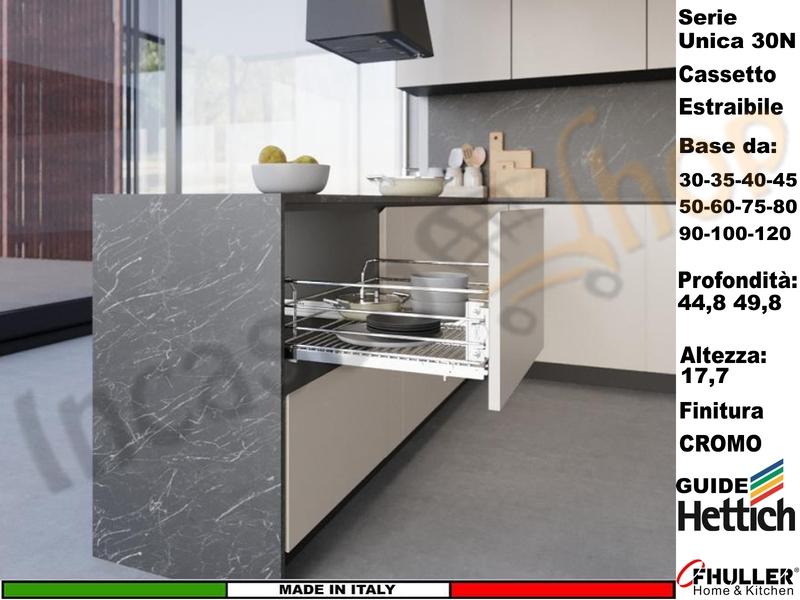 Cassetto Cestone Estraibile Cromo Serie UNICA Guide HETTICH da 30/120 Profond.45