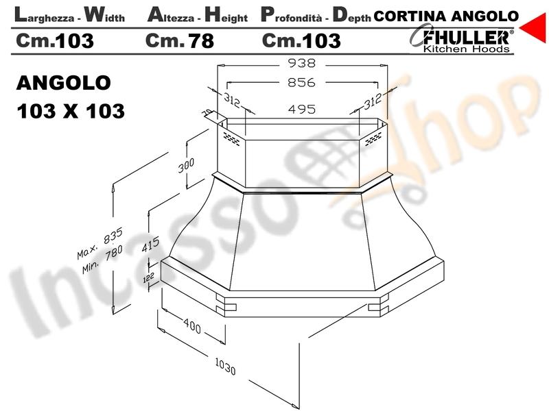 Cappa FHULLER Angolo Cortina 103X103 Legno Frassino o Tiglio Grezzo + MOTORE 420