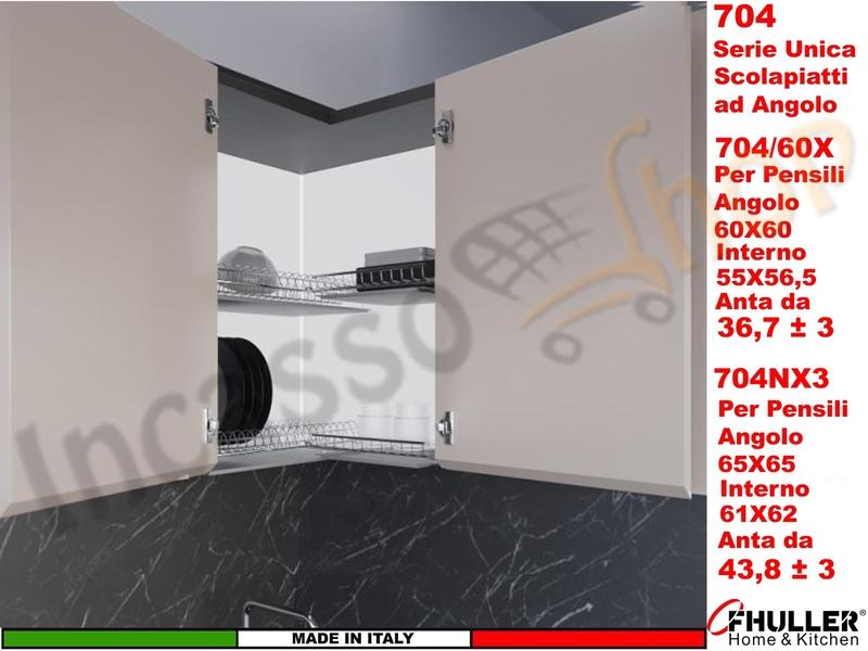 FHULLER Scolapiatti Pensile Angolo 65X65 Acciaio 704XN3 interno 61X62 Anta da 43,8 ± 0,3