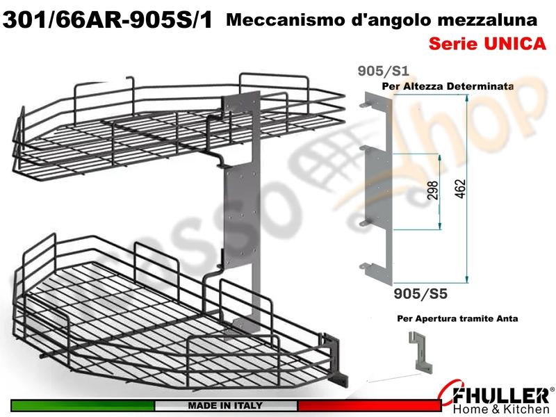 FHULLER 301/66 2 Cestelli Mezzaluna Girevoli Anta 40 1 +Staffa +Aggancio ARDESIA
