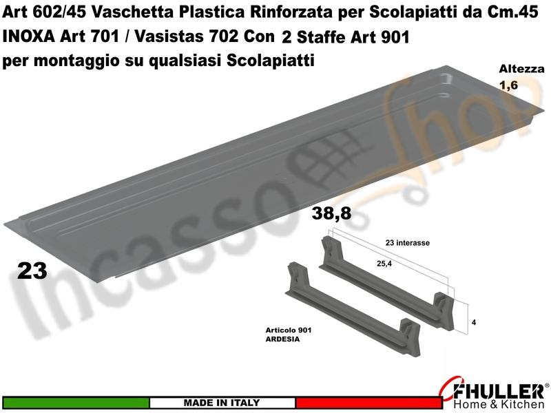 Vaschetta Raccogligocce ARDESIA INOXA 602/45AR Per Scolapiatti da 45 + 2 Staffe