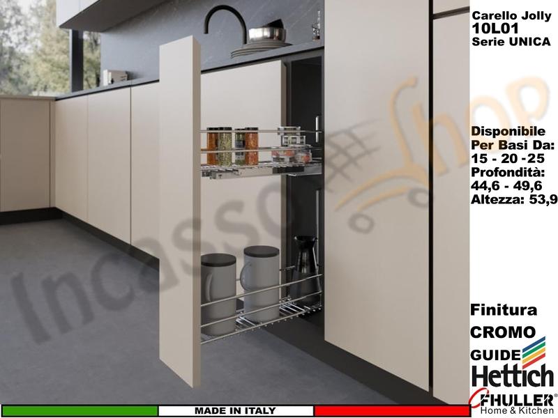 FHULLER Serie UNICA Carello Estraibile 2 Piani Guide SX HETTICH Base 15-20-25 P 50 Cromo