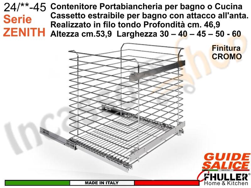 Carello FHULLER Portabiancheria Attacco All'Anta ZENITH Guide SALICE da 30-40-45-50-60 Cromo