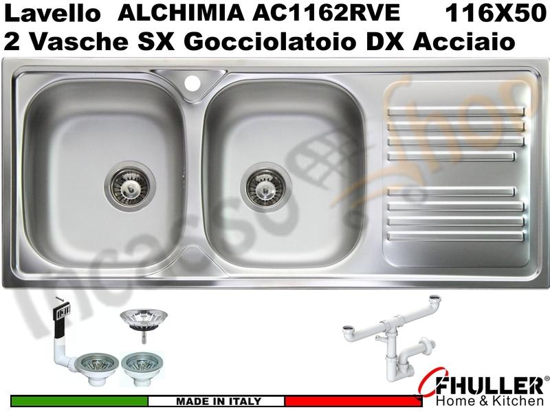 Lavello Incasso FHULLER ALCHIMIA Acciaio Stampato 116X50 2 Vasche SX + Gocciolatoio DX