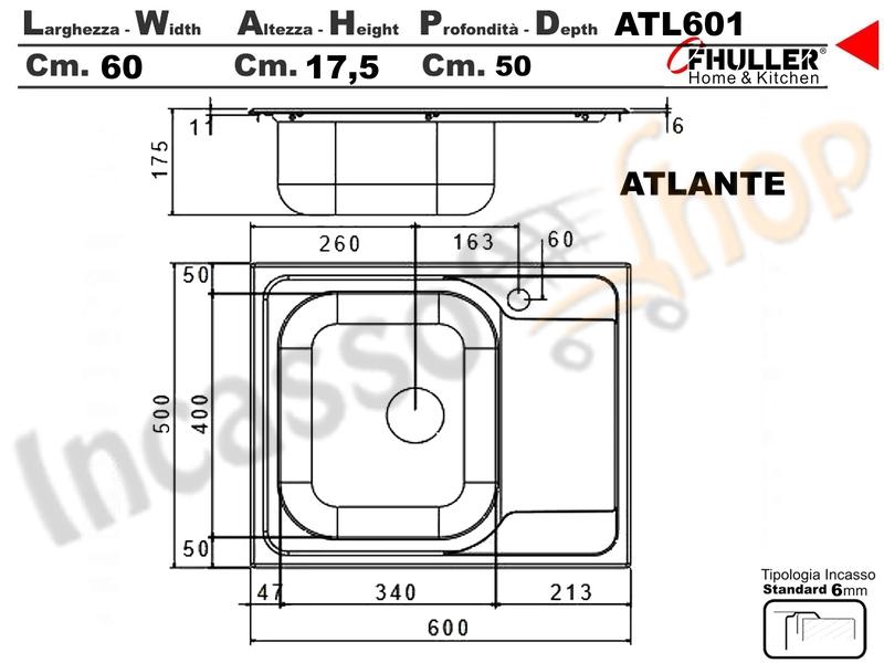 Lavello Incasso FHULLER ATLANTE Acciaio Stampato 79X50 1 Vasca SX Gocciolatoi DX