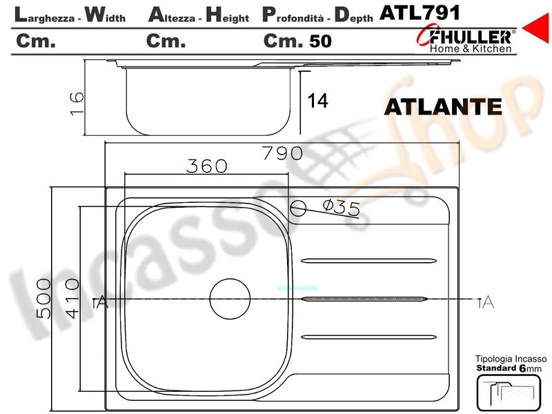 Lavello Incasso FHULLER ATLANTE Acciaio Stampato 79X50 1 Vasca SX Gocciolatoi DX