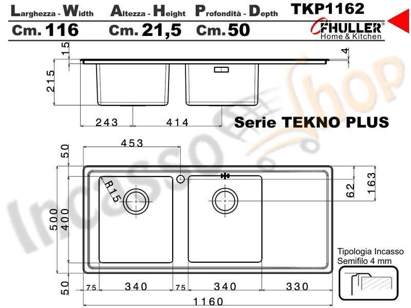 Lavello Incasso FHULLER Tekno Plus Acciaio Sp 10/10 116X50 2 Vasche H 21,5 Sinistra e Gocc. DX