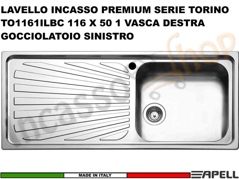 Lavello incasso FHULLER Mod.TORINO TO1161ILBC 116X50 1 Vasca DX e Gocciolatoio SX