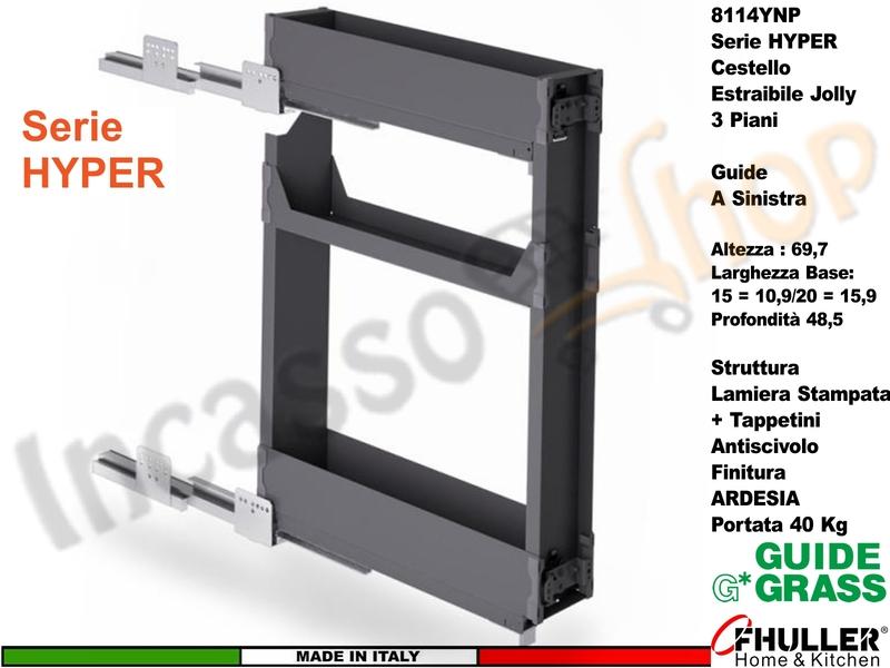 Carello Jolly 3 Ripiani Estraibile FHULLER 8114YNP Base 20 Guide Grass ARDESIA