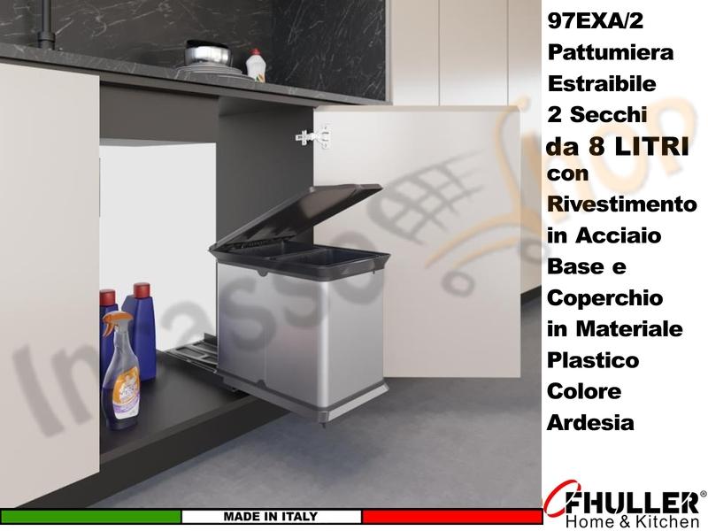 FHULLER Pattumiera Incasso Estraibile Acciaio e Plastica Ardesia 2 Secchi