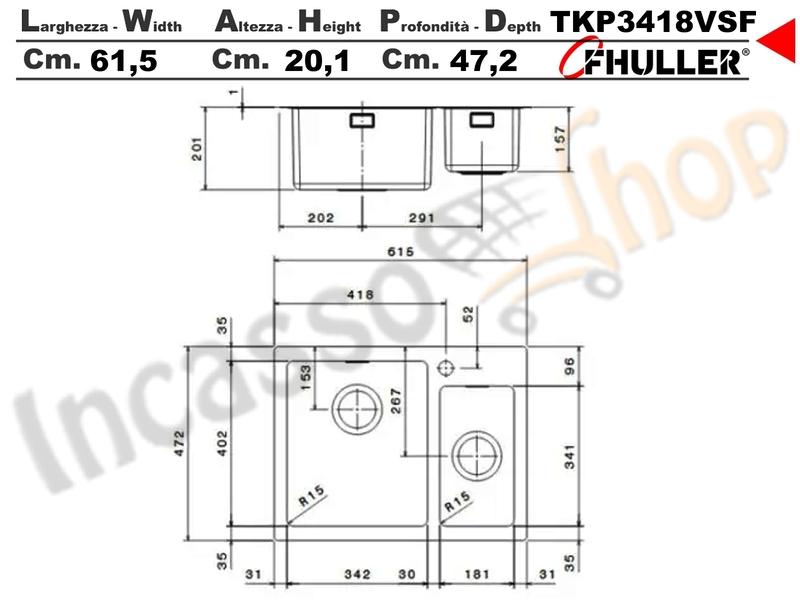 Lavello Incasso FHULLER Tekno Plus Acciaio Sp 10/10 Filo Top 61X47 1 V.H 21,5 ½