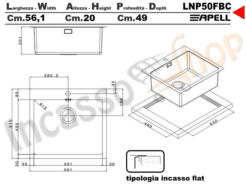 Lavello Incasso FHULLER Tekno Plus Acciaio Sp 10/10 Flat Filo Top 56X51 1 Vasca H 21,5