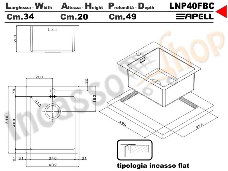 Lavello Incasso FHULLER Tekno Plus Acciaio Sp 10/10 Flat Filo Top 40X51 1 Vasca H 21,5