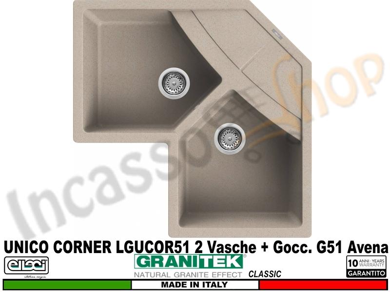 Lavello ELLECI Unico Corner 83X83 2 Vasche + G. Granitek Classic® G51 Avena