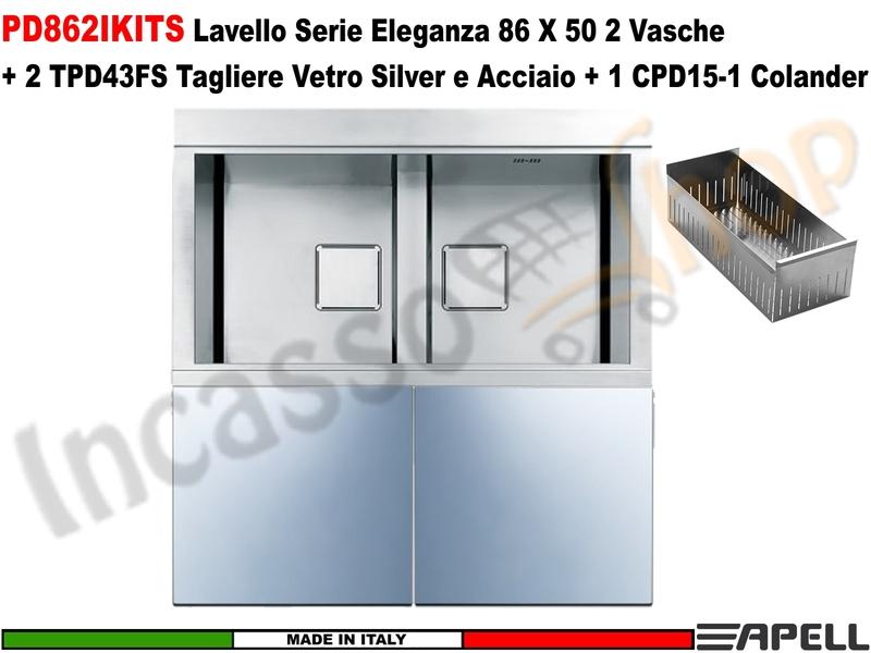 Lavello Apell PD862IKITS ELEGANZA 86X50 2 Vasche +2 Taglieri Silver +1 Colander