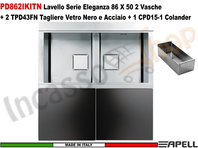 Lavello Apell PD862IKITN ELEGANZA 86X50 2 Vasche +2 Taglieri Neri +1 Colander
