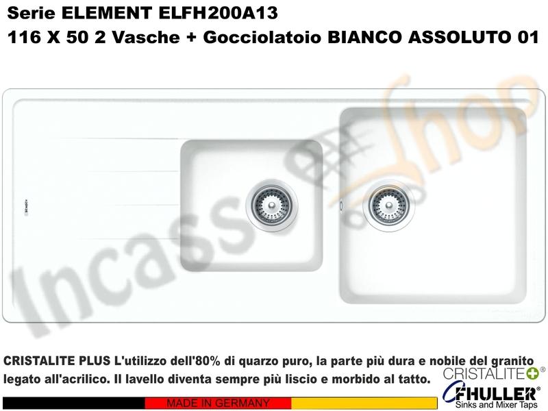 Lavello Element ELFH200A01 116X50 2 Vasche + Gocciolatoio Cristalite® A01 BIANCO ASSOLUTO