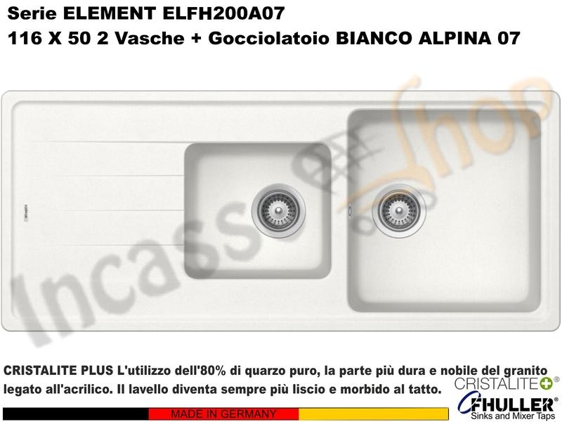 Lavello Element ELFH200A07 116X50 2 Vasche + Gocciolatoio Cristalite® A07 BIANCO ALPINA