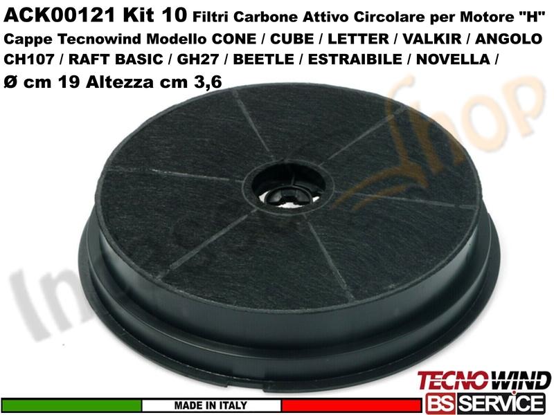 Kit 10 Filtri Carbone Attivo Antigrasso Circolare ACK00121 Tipo "H" Ø 19 H. 3,6