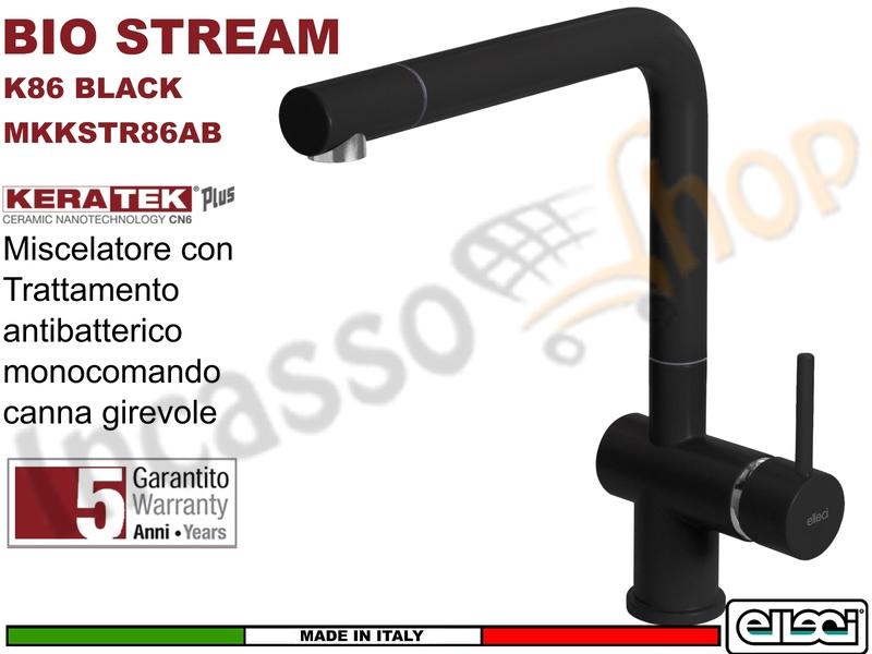 Rubinetto Miscelatore Elleci BIO STREAM Canna Alta Antibatterico Keratek® K86 Black Nero