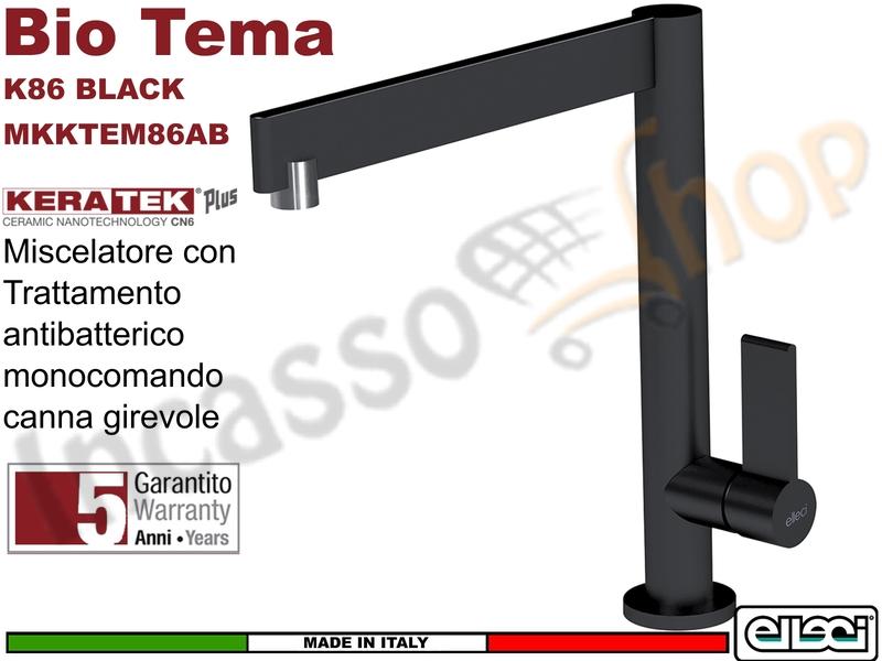 Rubinetto Miscelatore Elleci BIO TEMA Canna Alta Antibatterico Keratek® K86 Black Nero