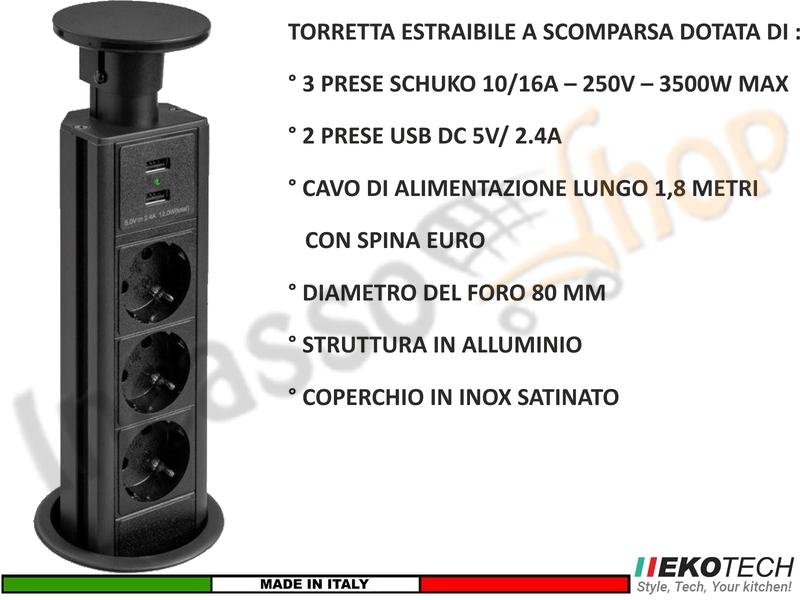 Torretta Multipresa Estraibile Motorizzata 3 Prese 2 USB Ricarica Wireless Nera