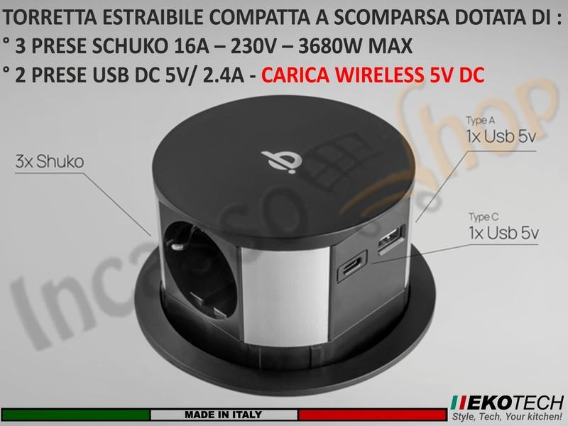 Torretta Multipresa Estraibile a Scomparsa 3 Prese 2 USB Ricarica Wireless Nera